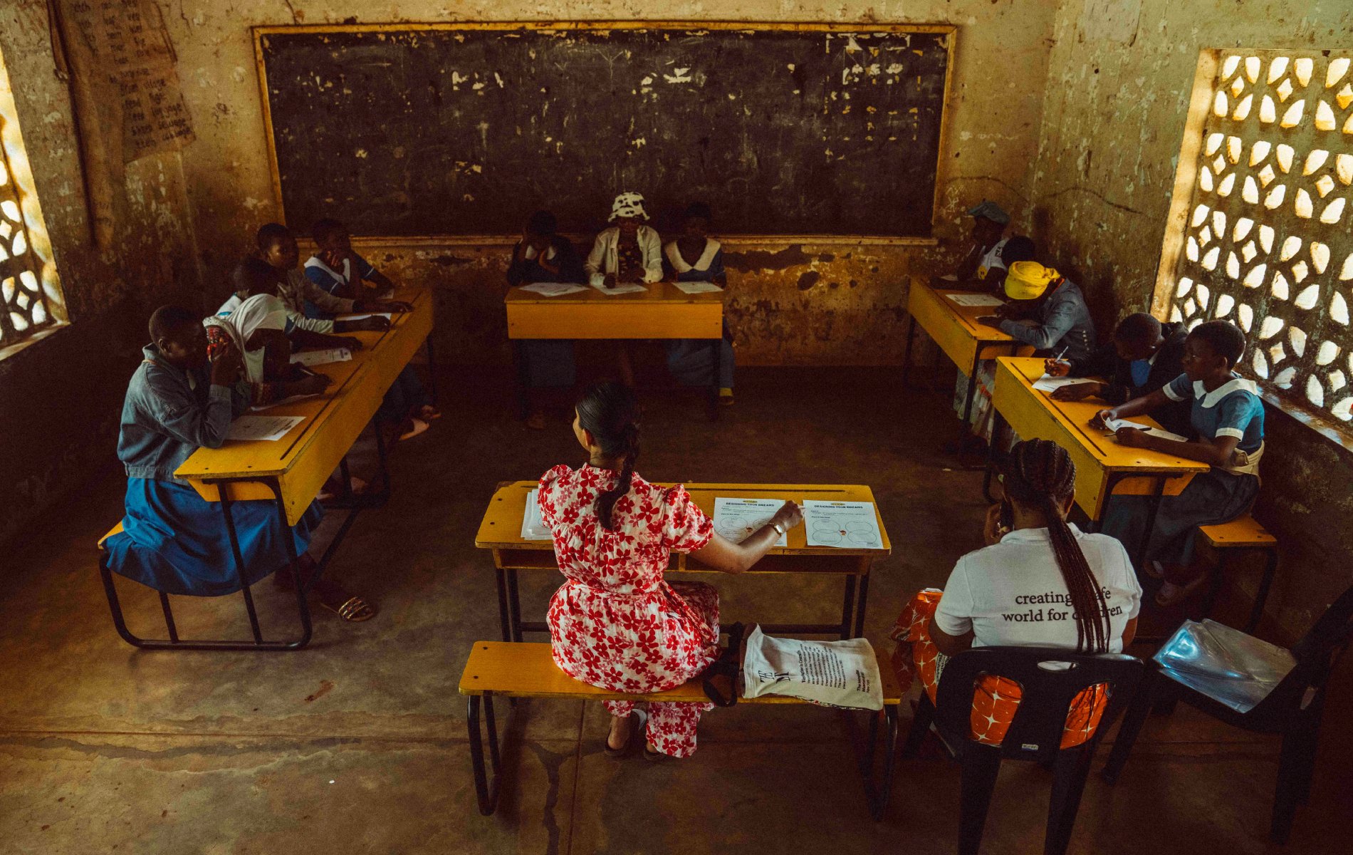 An overhead shot of a classroom scene in Malawi.